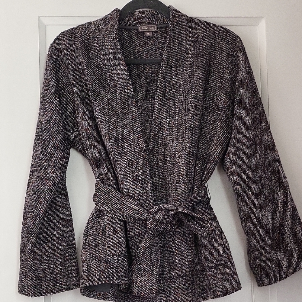 Gray Textured Belted Cardigan